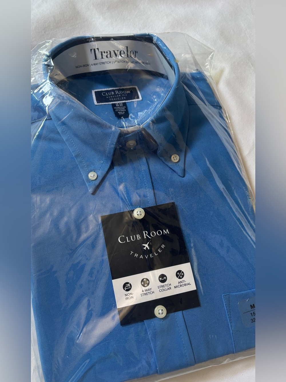 NWT Club Room Traveler Blue Dress Shirt 15.5 32/33 Non Iron Stretch